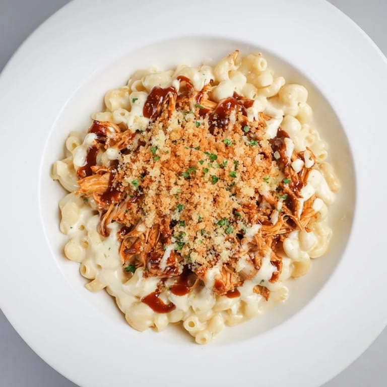 A close-up of cheesy, golden-brown Classic Mac & Cheese with BBQ Chicken, perfect for dinner tonight.