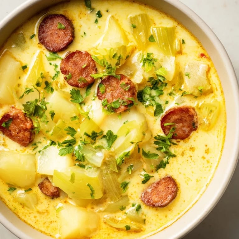 Close-up of a flavorful Potato, Leek & Chorizo Soup, showing tender potatoes and spicy chorizo.
