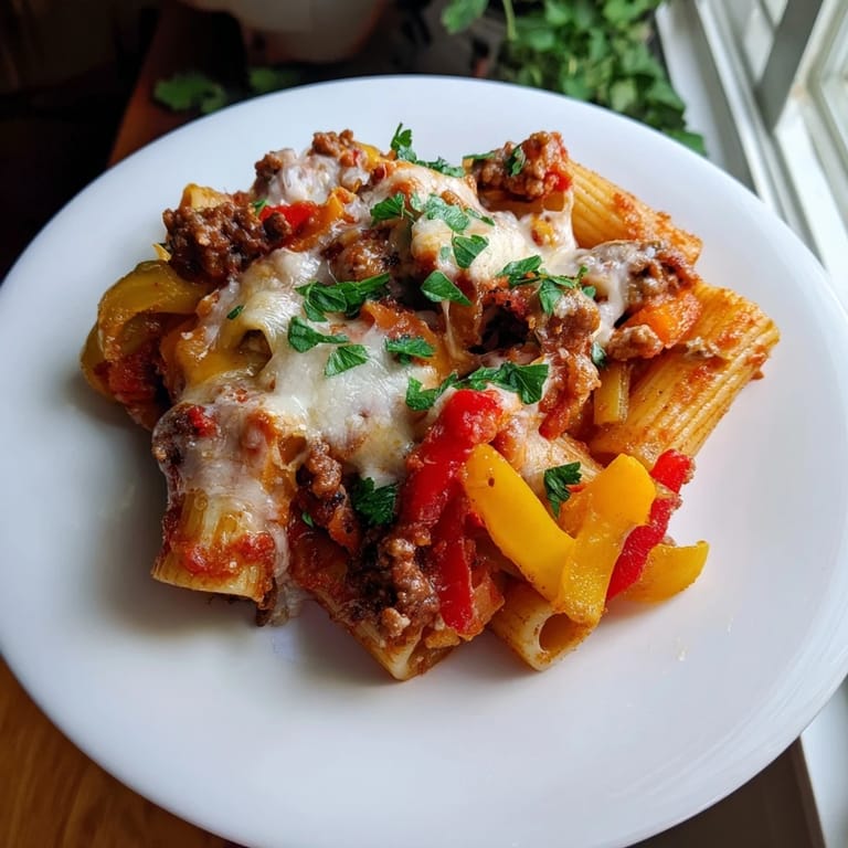 Golden baked rigatoni with sausage, peppers, and cheese, ready to be served for a comforting Italian meal.