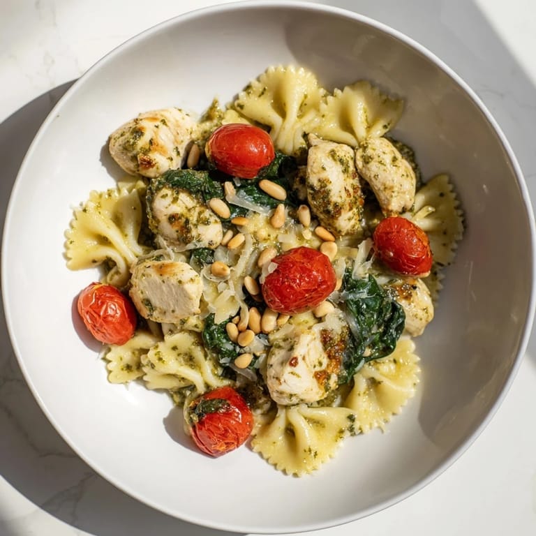 Delectable Pesto Chicken Bowtie Pasta: a close-up of the flavorful pasta dish, ready to serve and enjoy.