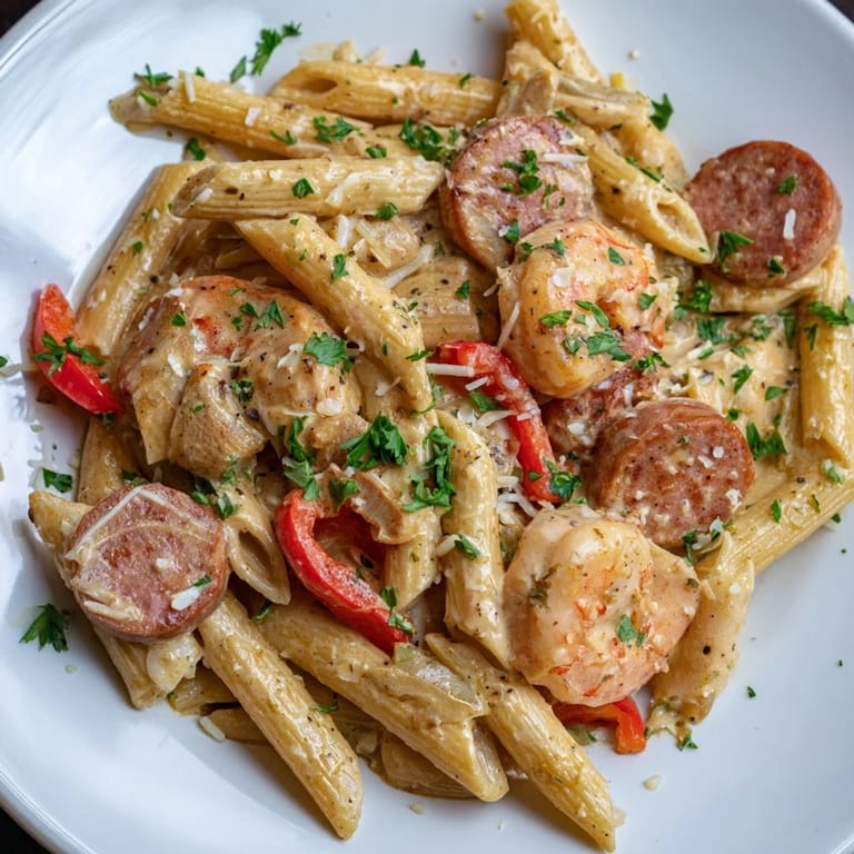 A one-pan, creamy Cajun Sausage & Shrimp Alfredo Pasta Skillet, with tender shrimp in a flavorful sauce.