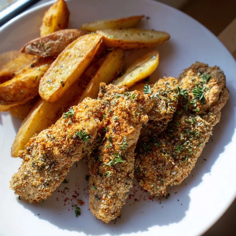 A plate of flavorful Herbed Chicken Tenders and potato wedges, garnished with fresh parsley and lemon.