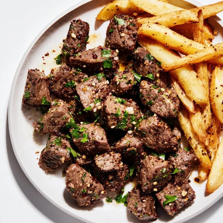 Golden-brown Blackened Cajun Steak Bites served beside a generous pile of crispy, seasoned fries.