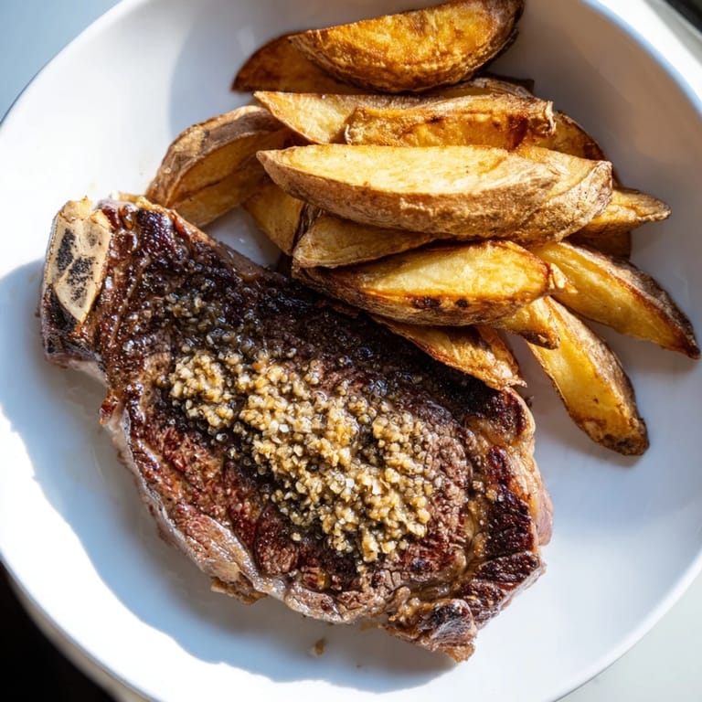Cracked peppercorn ribeye, perfectly seared with garlic and thyme, presented with crunchy, hot fries.