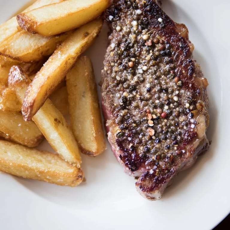 Imagine the aroma: a juicy classic peppercorn ribeye, partnered with irresistibly crisp fries, ready to eat.