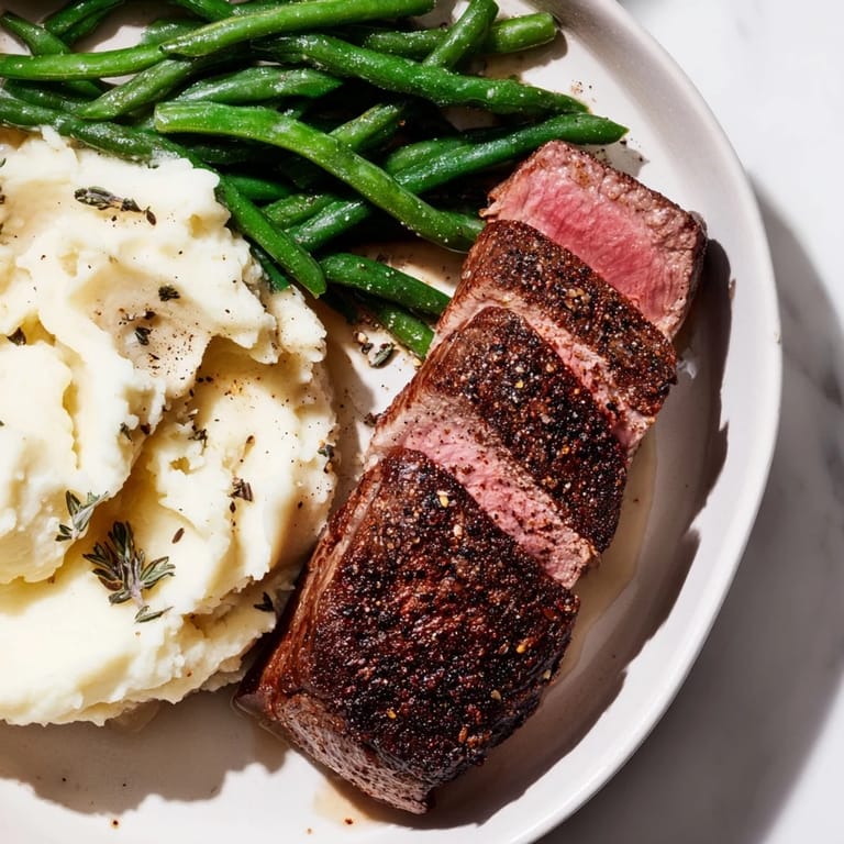 Golden garlic mashed potatoes and seared steak on a sheet pan, the perfect one-pan recipe.