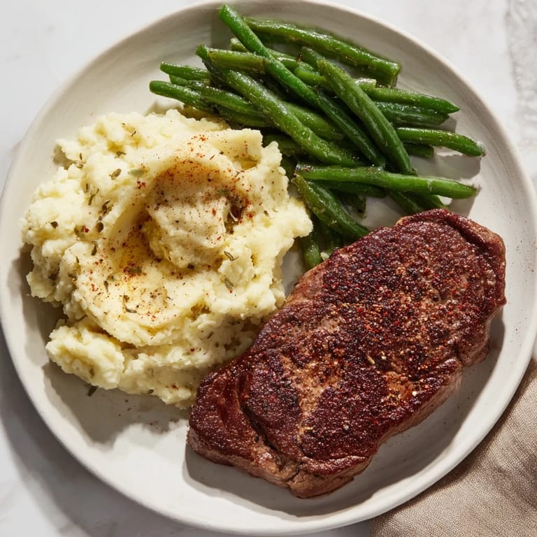 This photo shows a delicious steak & garlic mash sheet pan, perfectly cooked and ready to eat.