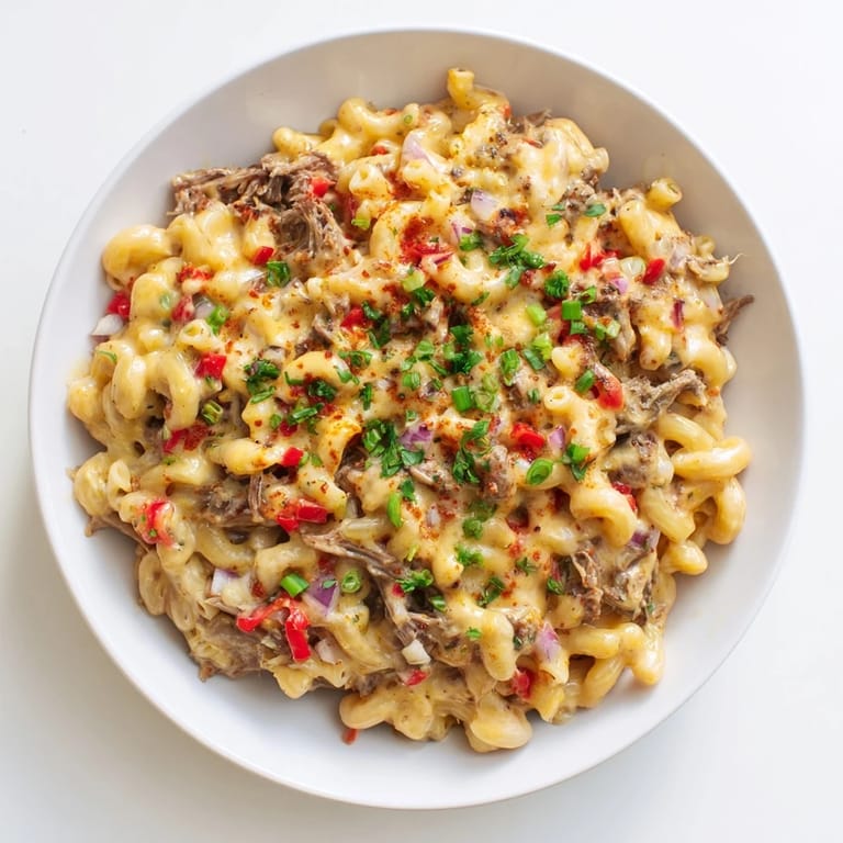 Cheesy, baked BBQ Rib Macaroni Skillet combines tender pork, macaroni, and barbecue sauce for dinner.