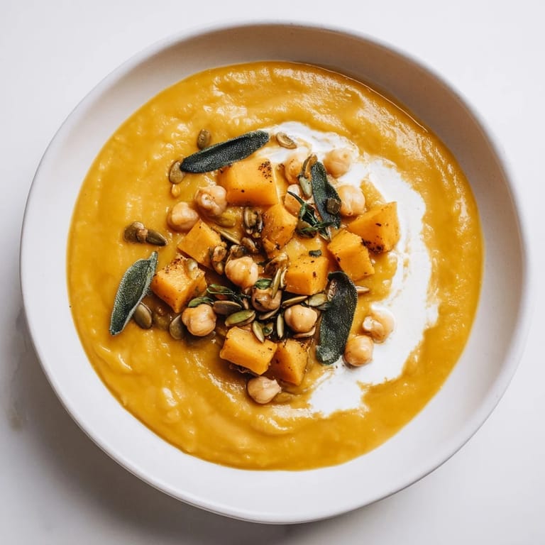 A bowl of aromatic Chickpea, Pumpkin & Sage Soup, ready to be enjoyed on a chilly evening.