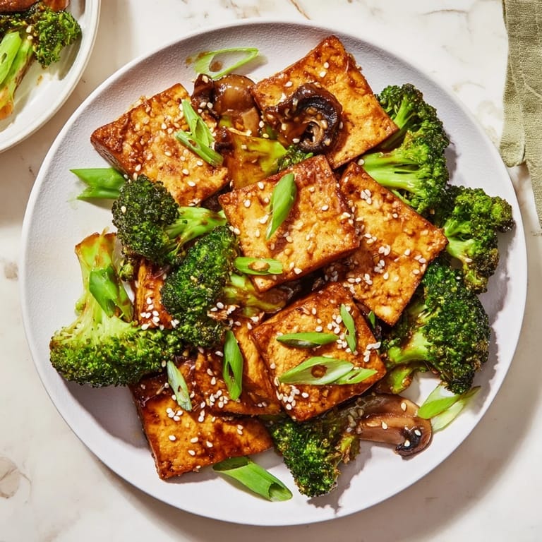 A visually appealing close-up of Sautéed Tofu Steak, glistening with a savory soy-garlic glaze.