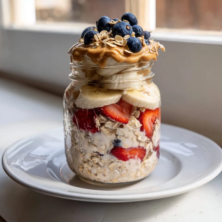 A visual of chilled overnight oats jars filled with vibrant berries, fruit, and creamy peanut butter.