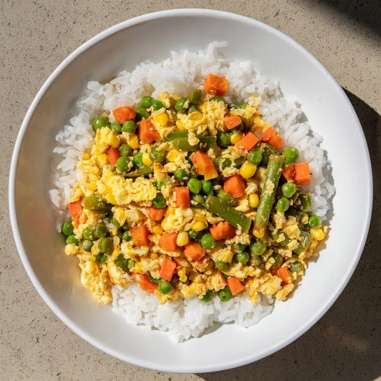 Enjoy a quick, easy, and healthy meal of savory Frozen Veggie Fried Rice with mixed vegetables.