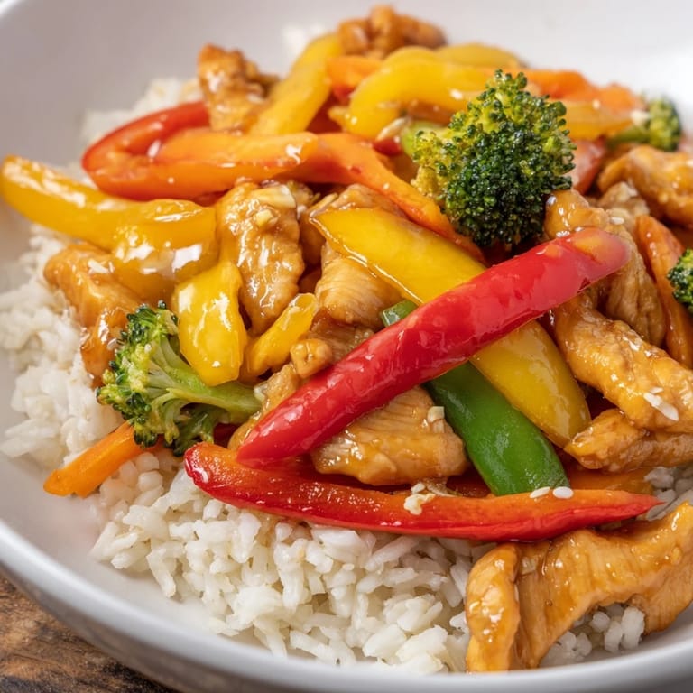 A close-up of savory Chicken Stir-Fry with Vegetables, boasting a glossy sauce and perfect rice.