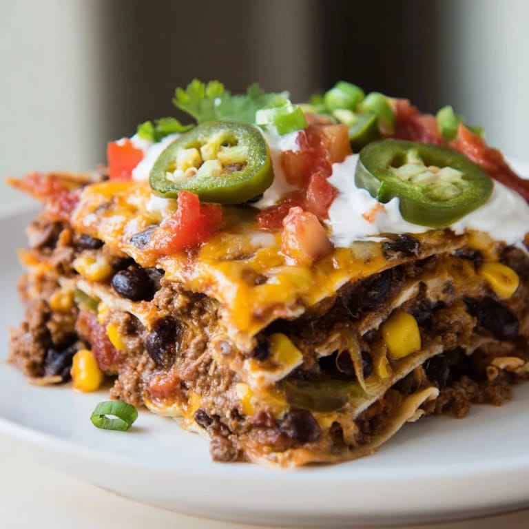 Cheesy Taco Lasagna, a delicious and easy baked dish perfect for any family dinner.