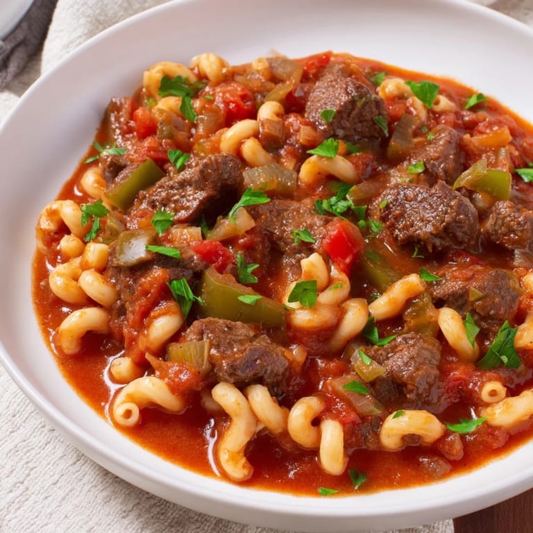 Hearty goulash with beef simmered with tomatoes, spices and elbow macaroni; a classic comfort food.
