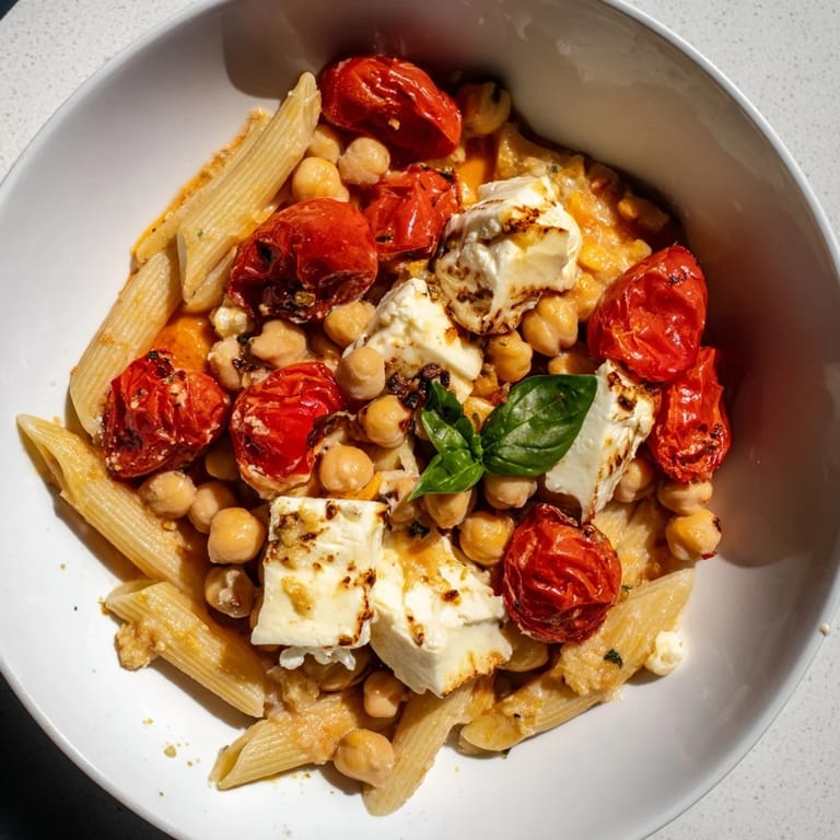 Golden baked feta, bursting cherry tomatoes, and chickpeas atop pasta for the flavorful dish.