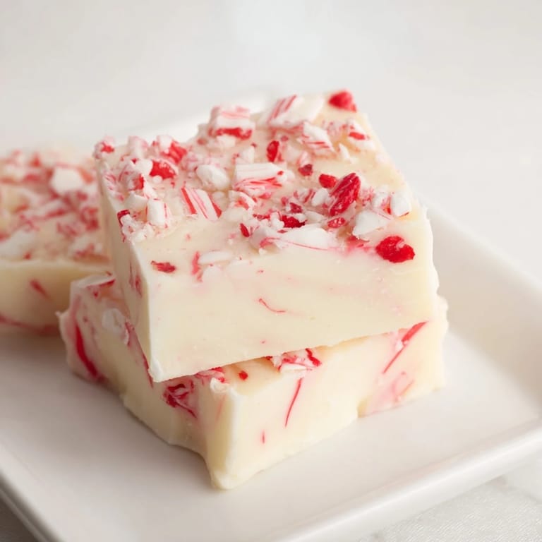 Crushed candy canes glisten on this cooling homemade White Chocolate Peppermint Bark Fudge, a perfect gift idea.
