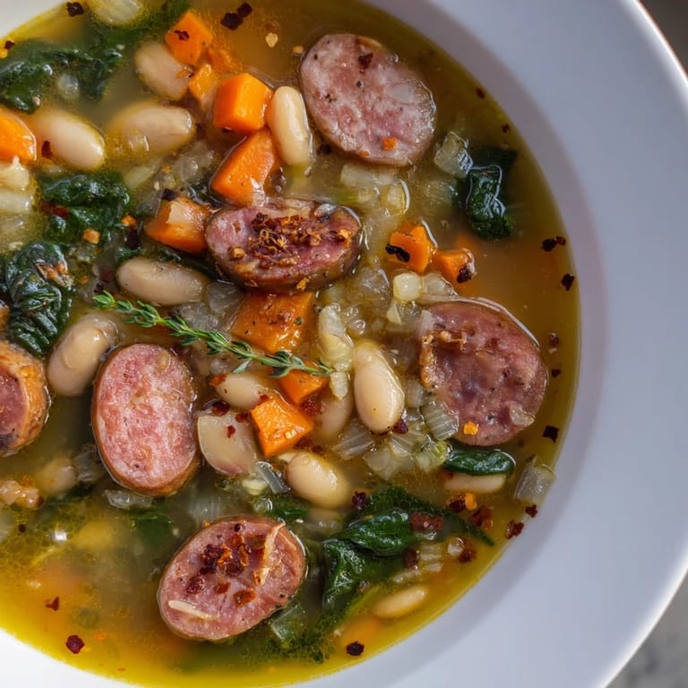 Fragrant Simple Sausage and White Bean Soup garnished with fresh herbs, ready to be enjoyed.