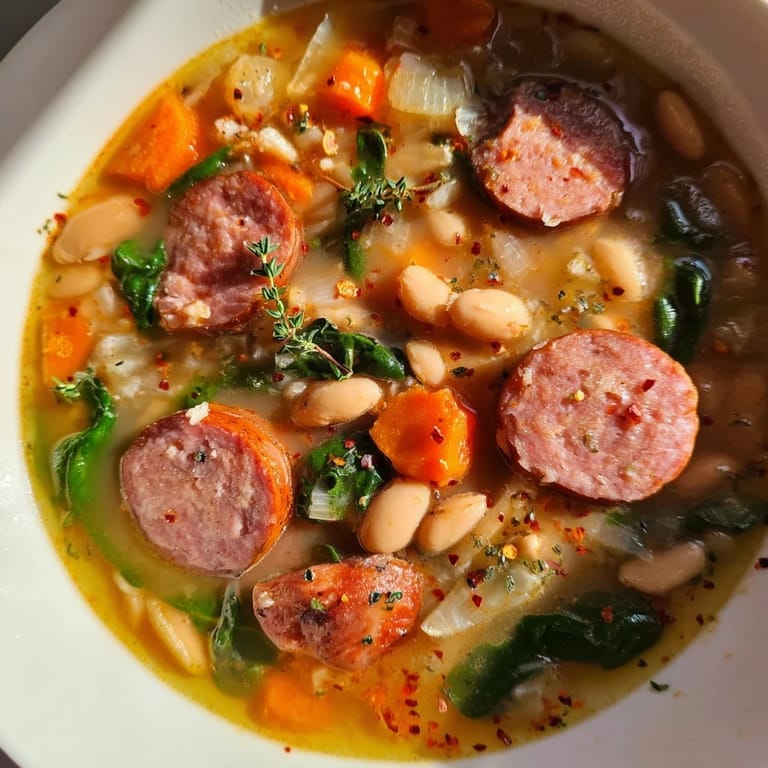 Close-up of hearty Simple Sausage and White Bean Soup, showcasing creamy beans and savory sausage slices.