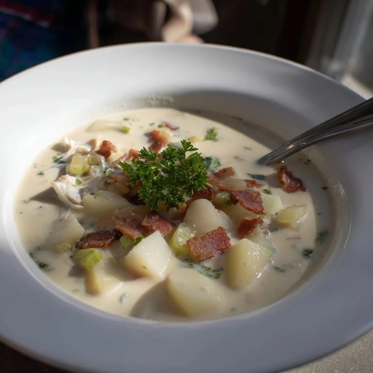 Enjoy a spoonful of hearty New England Clam Chowder, a comforting classic with smoky bacon pieces.
