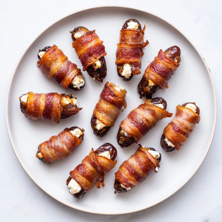 Golden-brown bacon-wrapped dates with melting goat cheese, ready to enjoy as a flavorful snack.