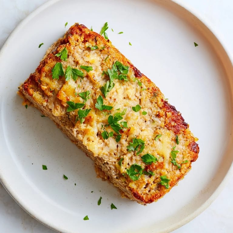 Golden-brown, savory Garlic Parmesan Chicken Meatloaf, a comforting family dinner, freshly baked.