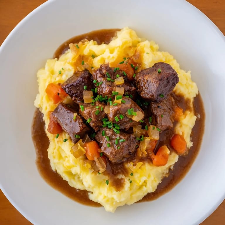 Warm bowl of Fall Apple Cider Stew Mash, a comforting, richly flavored American main dish.