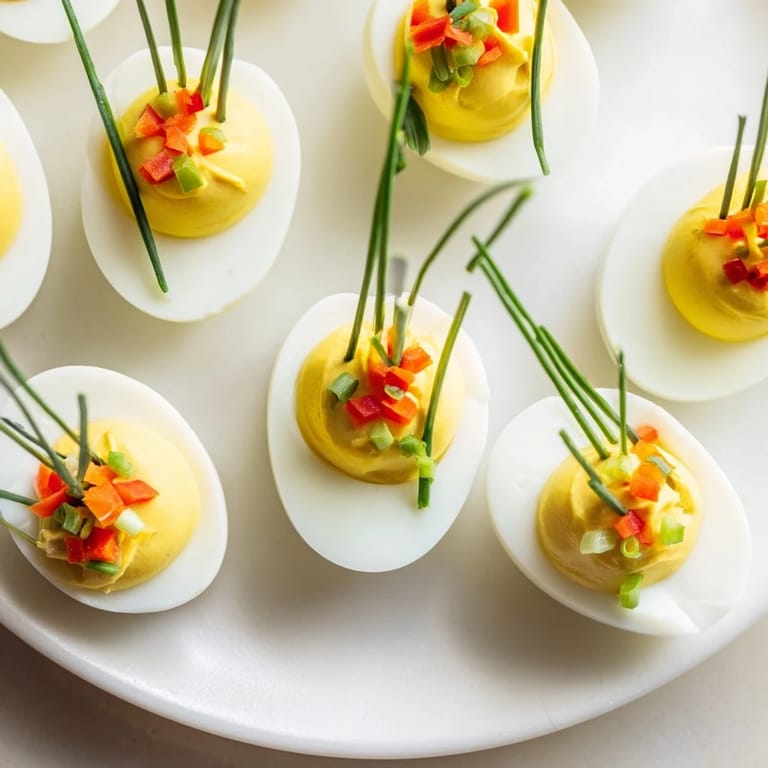 Brightly colored deviled egg ornaments, a delicious vegetarian appetizer made with fresh dill & peppers.