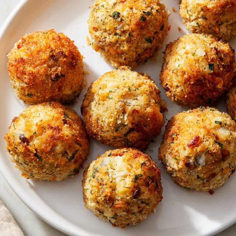 Crispy-edged Quick Christmas Stuffing Balls, infused with herbs, ready to be served as festive side.