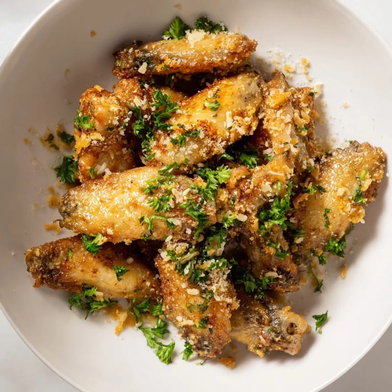 Juicy and delicious Garlic-Parmesan Chicken Wings, air fried to perfection and tossed in garlic butter.