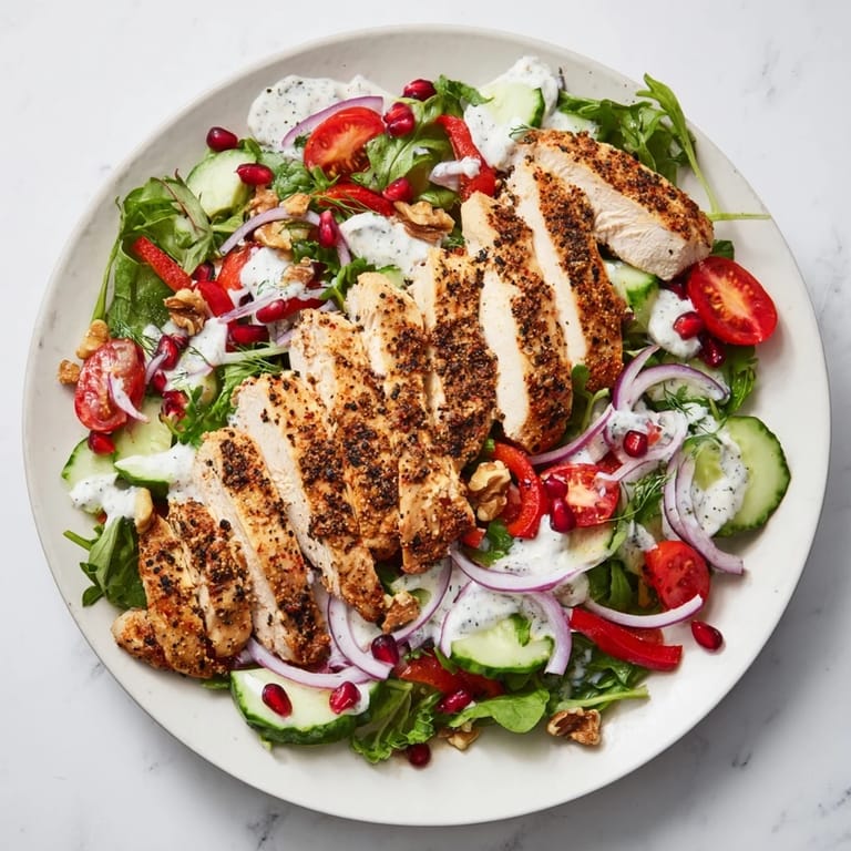 Vibrant Holiday Black Pepper Chicken & Yogurt Salad with juicy tomatoes, cucumbers, and a zesty yogurt sauce.