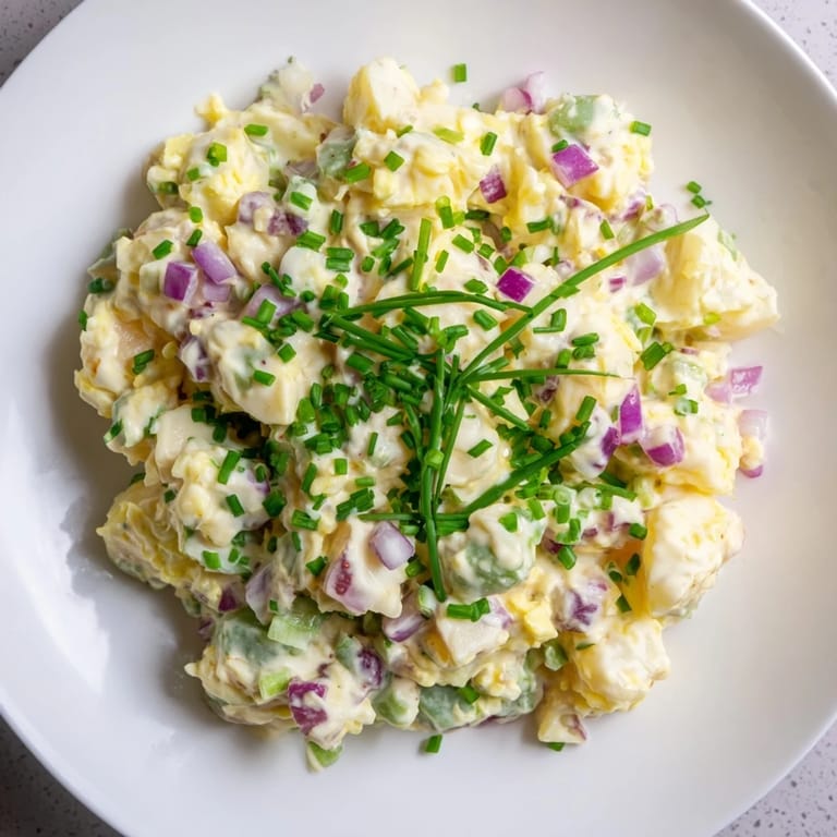 This creamy Chopped Egg and Potato Salad features tender potatoes mixed with fresh herbs and a tangy dressing.
