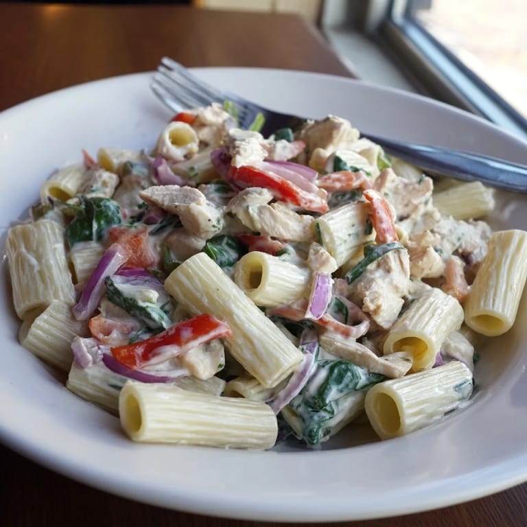 Delectable plate of Creamy Cajun Dirty Snow Chicken Pasta, steaming hot with fresh vegetables.