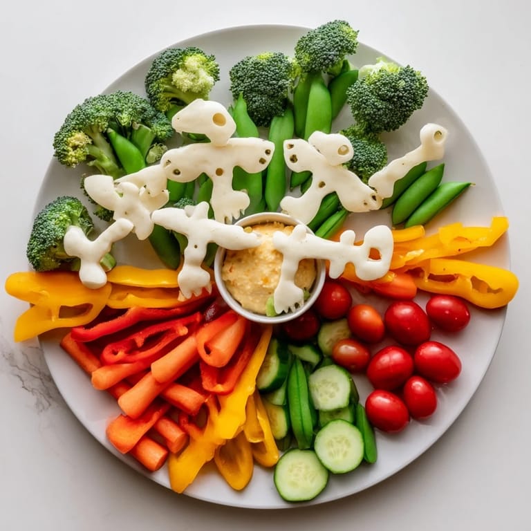 Kid-friendly Dino-Mite Dinosaur Fossil Crudités, a healthy and delightful veggie appetizer for any celebration.