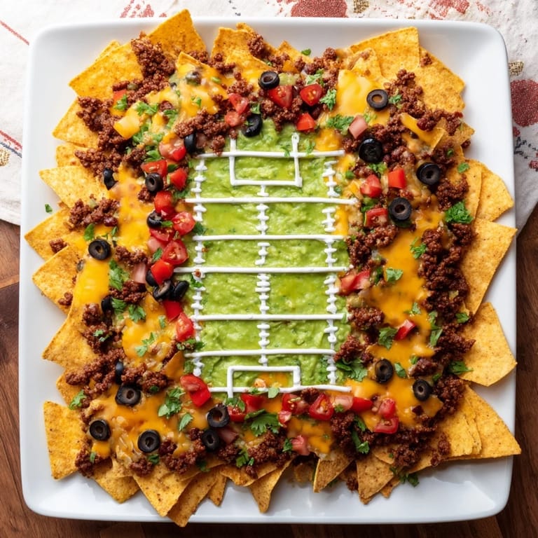 This game-day Soccer Field Nacho Platter boasts melted cheese, savory beef, and vibrant, fresh toppings.