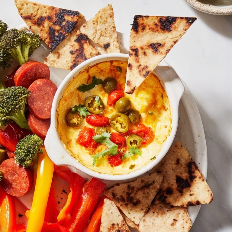 This Lava Flow Volcano Dip Platter offers melted cheese surrounded by fresh veggies and chips for scooping.