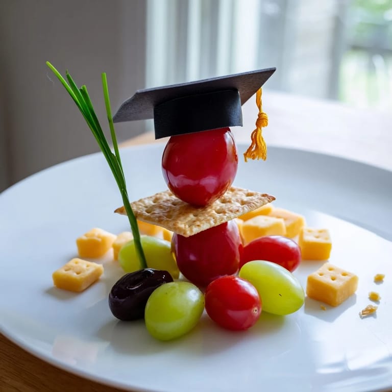 Festive Graduation Cap Platter, garnished with olives and grapes, ready for a graduation party.