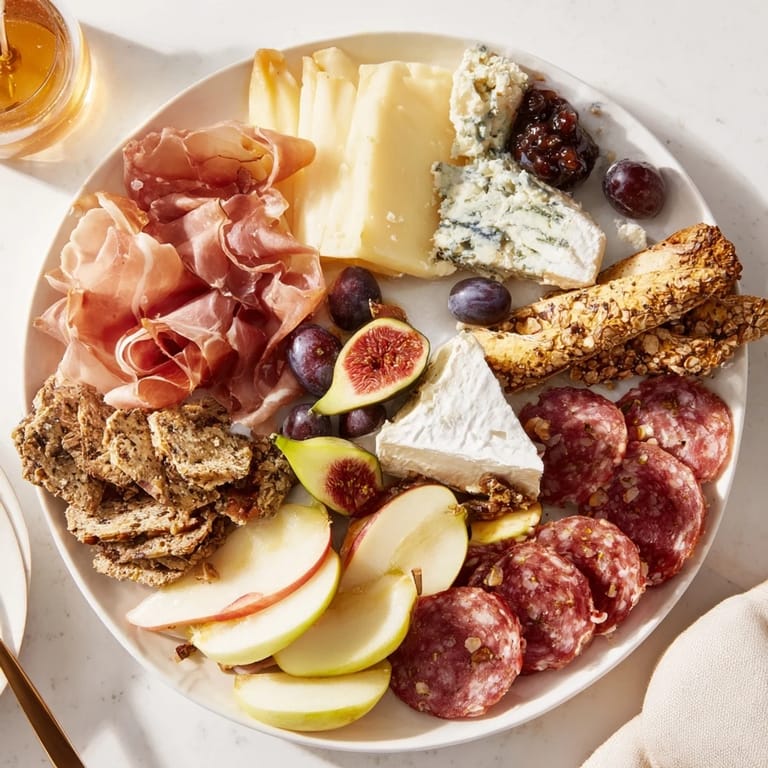 This beautiful Wine & Food Pairing Platter includes colorful fruits, creamy cheeses, and savory meats, ready to be enjoyed.