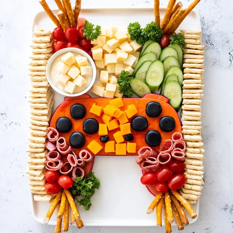 This fun controller snack platter features colorful cheese, veggie buttons, and salty pretzel joysticks.