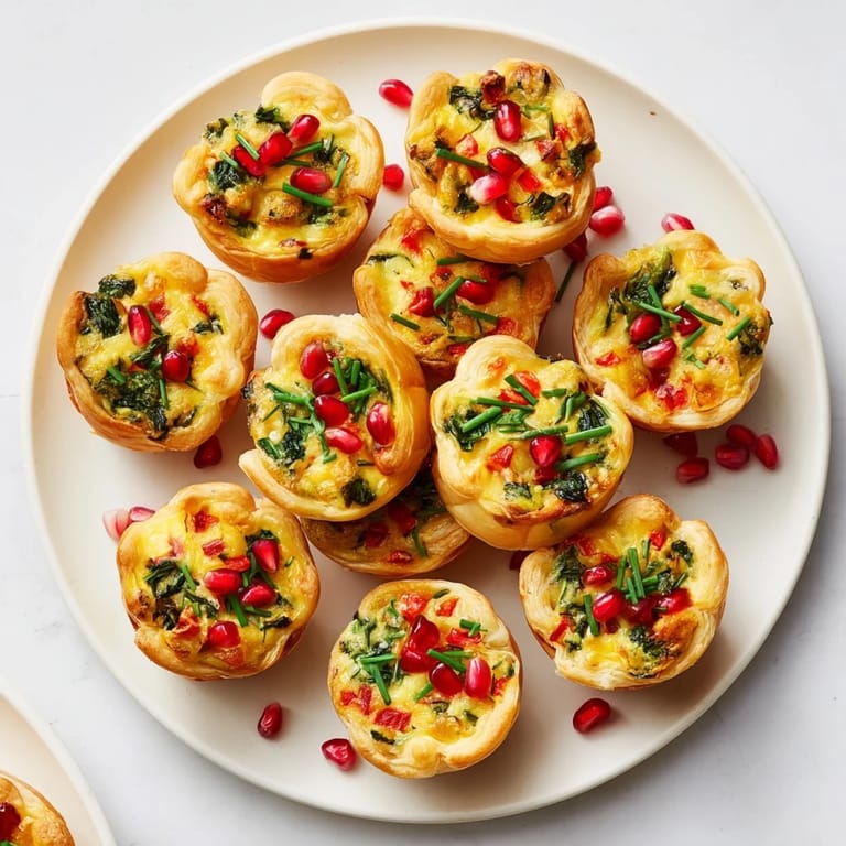 A beautiful Christmas Tree of Mini Quiches, perfect Savory Bites, topped with vibrant pomegranate seeds and herbs.