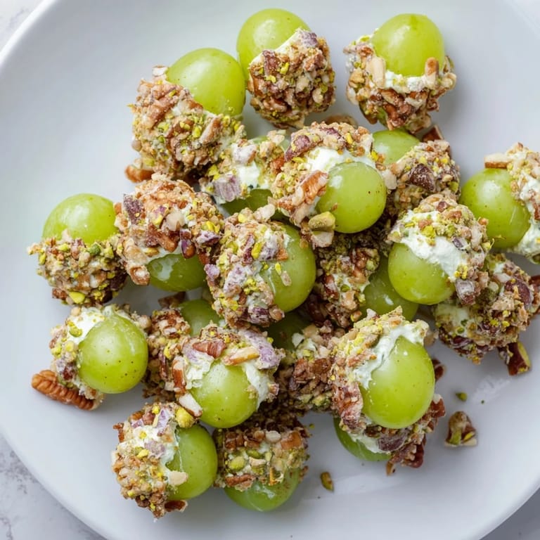 Creamy, golden Sparkling Grape Cluster appetizer, ready to serve with refreshing, crisp grapes and nuts.