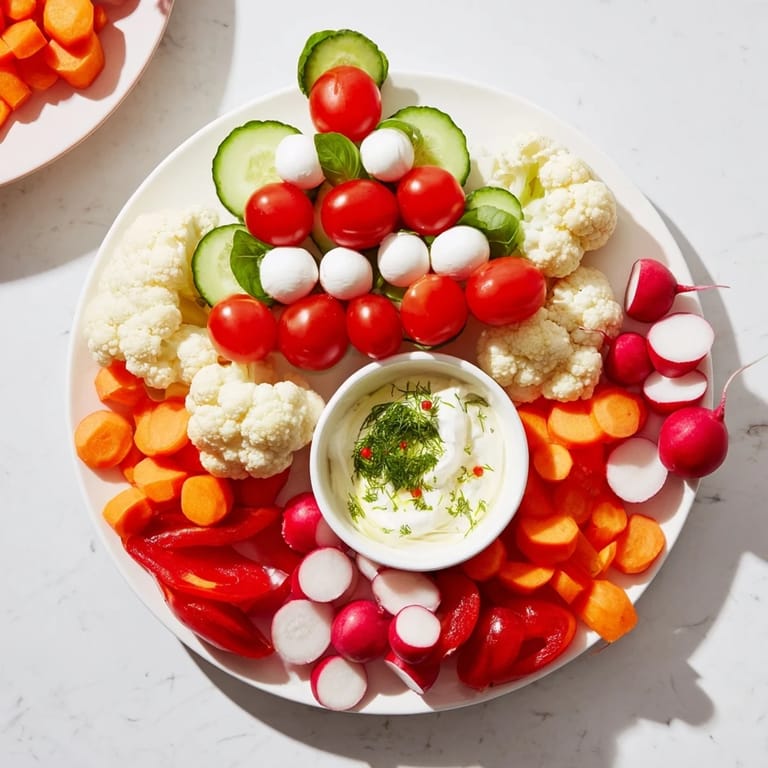 This holiday-themed Savory Crudités appetizer arrangement features colorful veggies around a creamy dip.