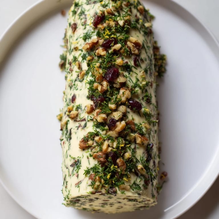 A close-up of a Winter Snowdrift Goat Cheese Log, ready to be served with crackers and honey.