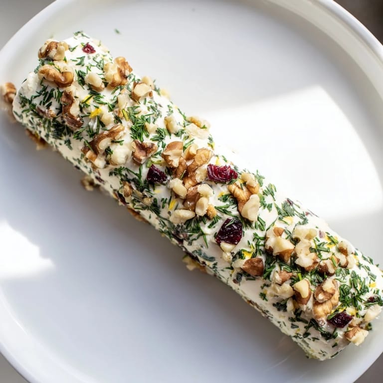 The delicious Winter Snowdrift Goat Cheese Log, coated in herbs, nuts, and cranberries for an easy snack.