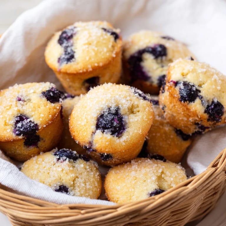 A charming serving basket holds a spread of soft, sweet mini blueberry muffins, perfect for sharing.