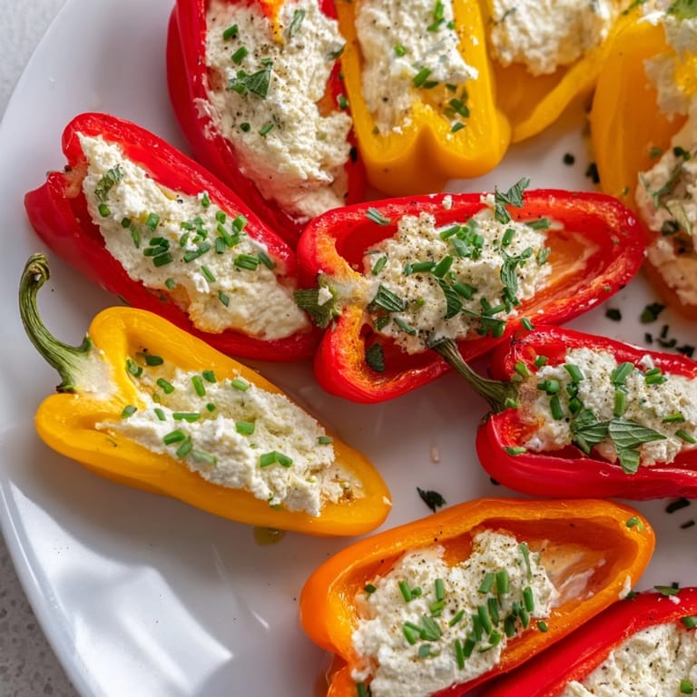 Freshly filled mini bell peppers, starring feta, drizzled with olive oil, ready for a party.