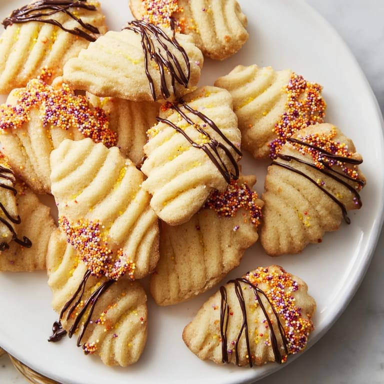 A close-up of golden-edged Spritz Cookies, artfully arranged in a layered fan design, delicious.