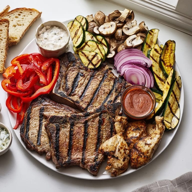 Juicy Backyard BBQ Companion spread showcasing char-grilled beef, pork, and chicken with smoky vegetables.