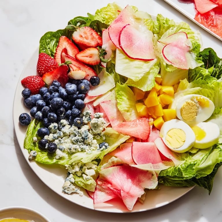 Vibrant Baby Shower Pastel Palette Salad, featuring artistically arranged pink, blue, and yellow ingredients.