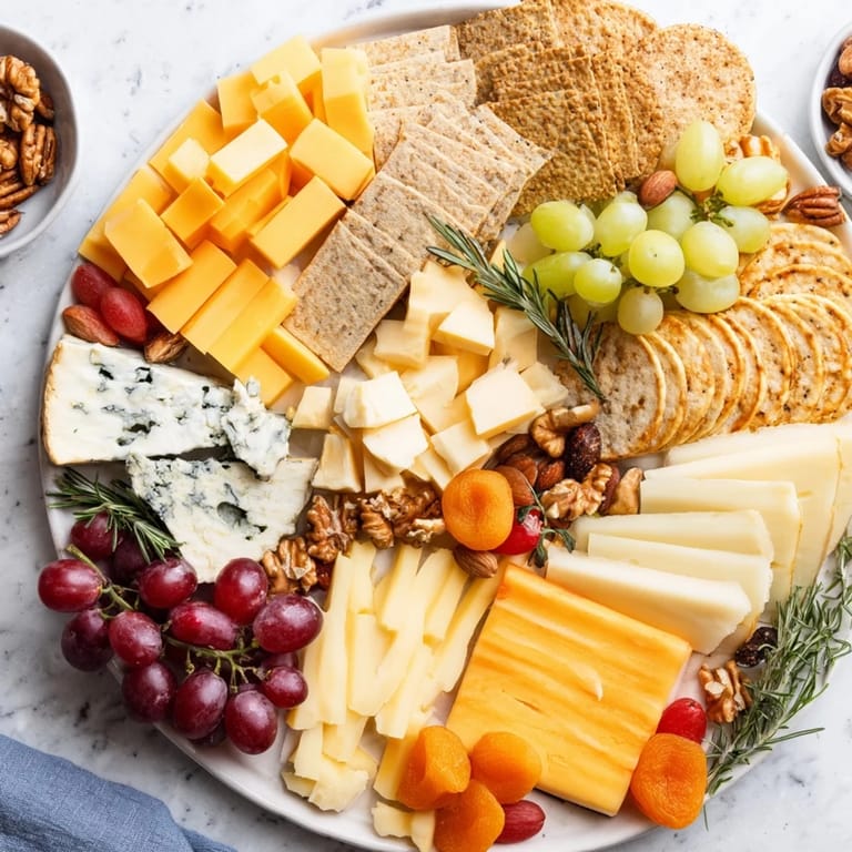 Inviting photo of a Housewarming Open House Spread filled with delectable cheeses, fruits and savory crackers.